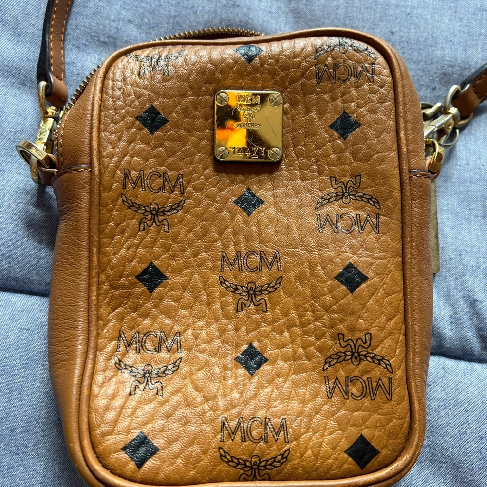 MCM Cognac Leather Crossbody with Gold Accents